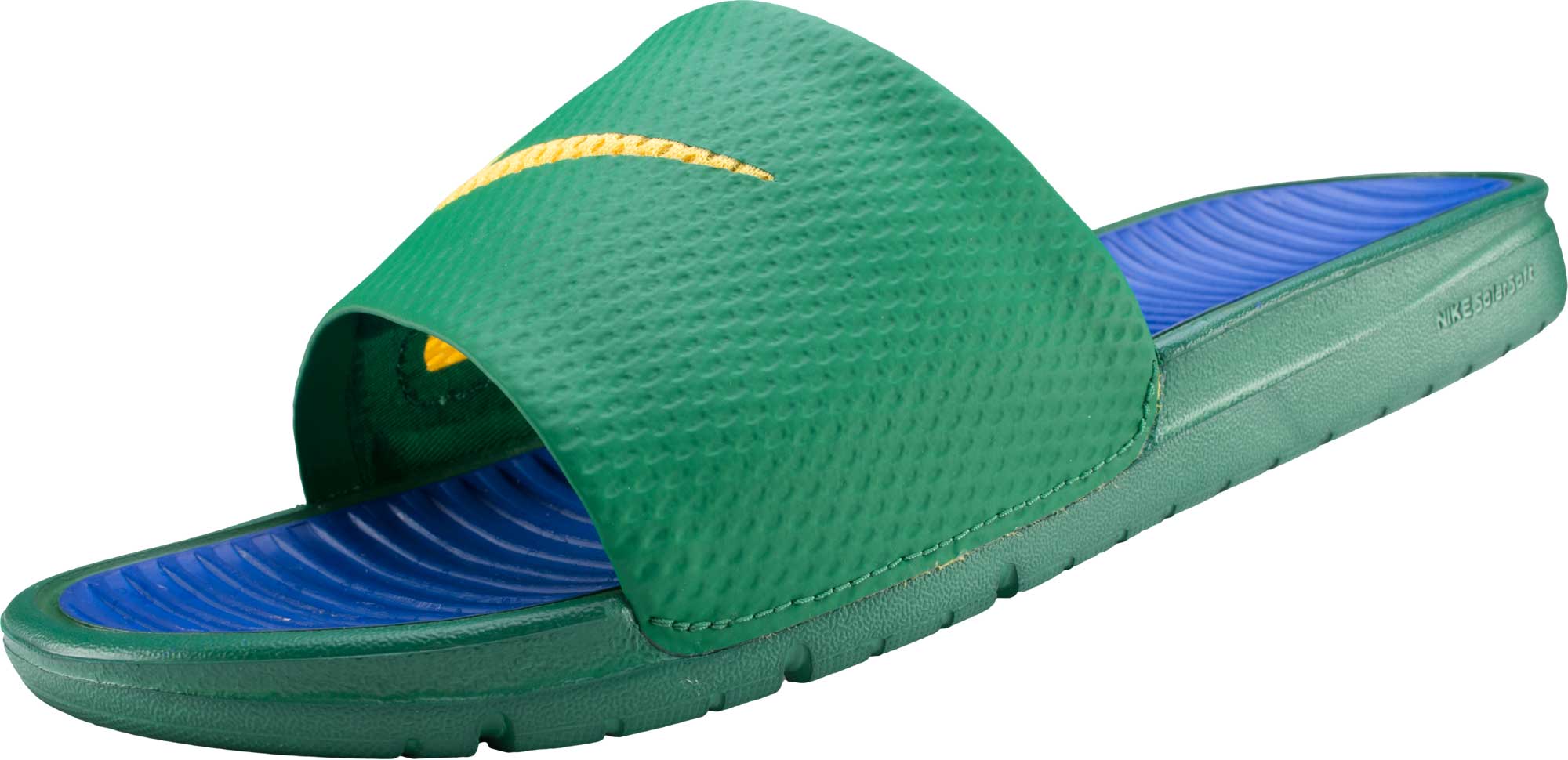 blue and green nike slides