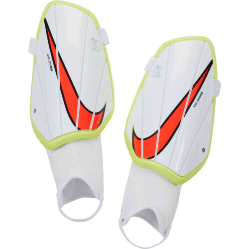 Nike Charge Shin Guards – White & Volt with Bright Crimson